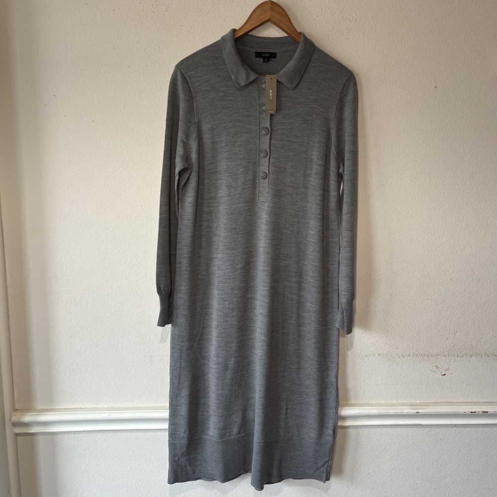 J. Crew merino wool Gray sweater Long Collared Dress Minimalist Preppy New